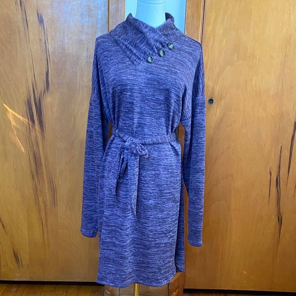 Purple Heathered Knit Long Sleeve Sweater Dress Cowl Neck Buttons Pullover Belt